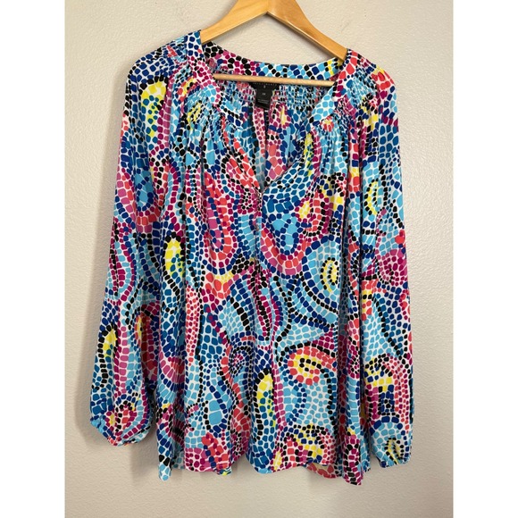 Investments II Womens Size 3X Long Sleeve Blouse Bright Colorful Mosaic Dots Top - Picture 1 of 9